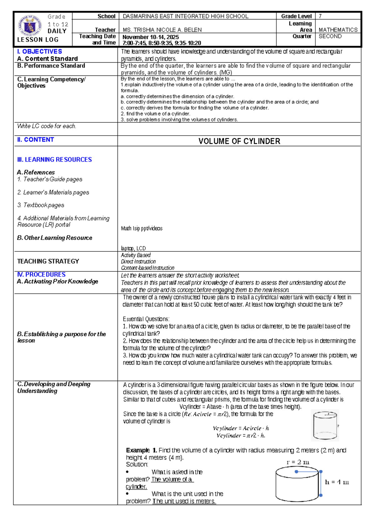 Grade 7 Math Lesson Log: Volume of Cylinders (1DLL) - Studocu