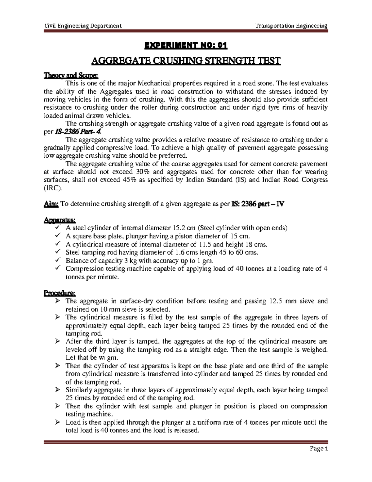 Transportation Lab Manual: Aggregate Testing Procedures and Results ...