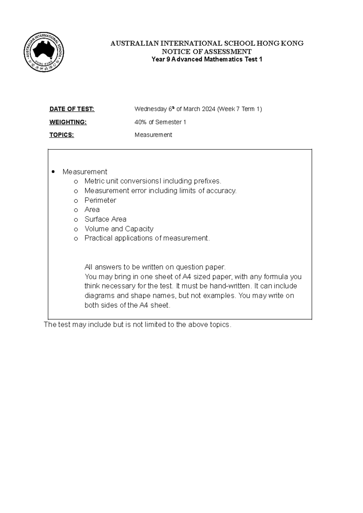 Year 9 Advanced Math Test 1 (40% Weighting) - Measurement Topics - Studocu