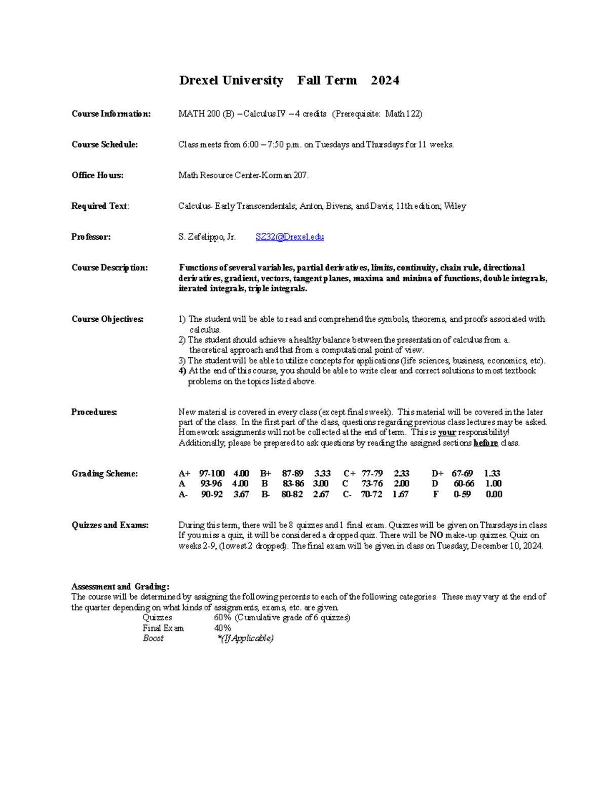 MATH 200 (B) Syllabus Fall 2024: Multivariable Calculus Overview - Studocu