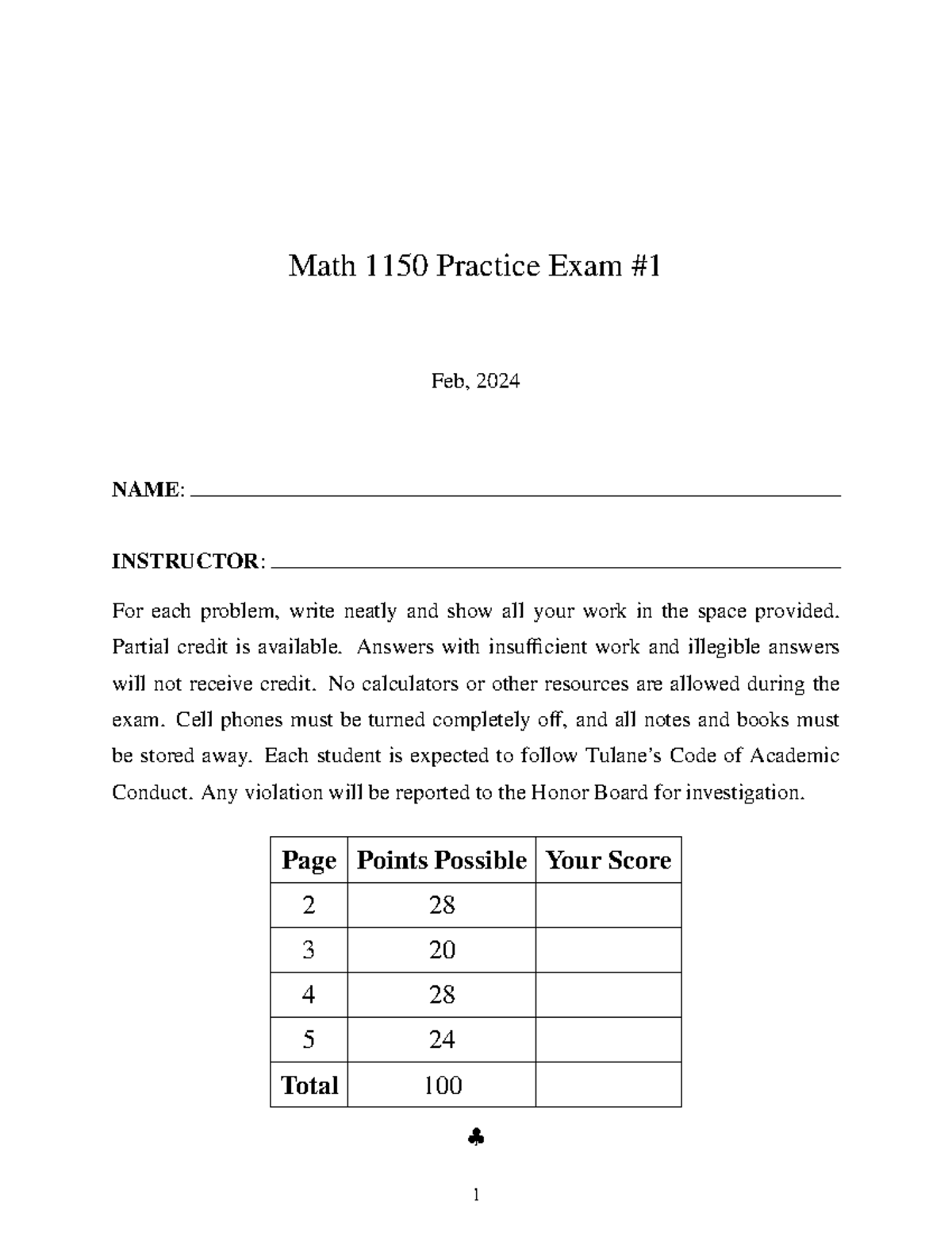 1150 Practice Exam 01 - Math 1150 Practice Exam Feb, 2024 NAME ...