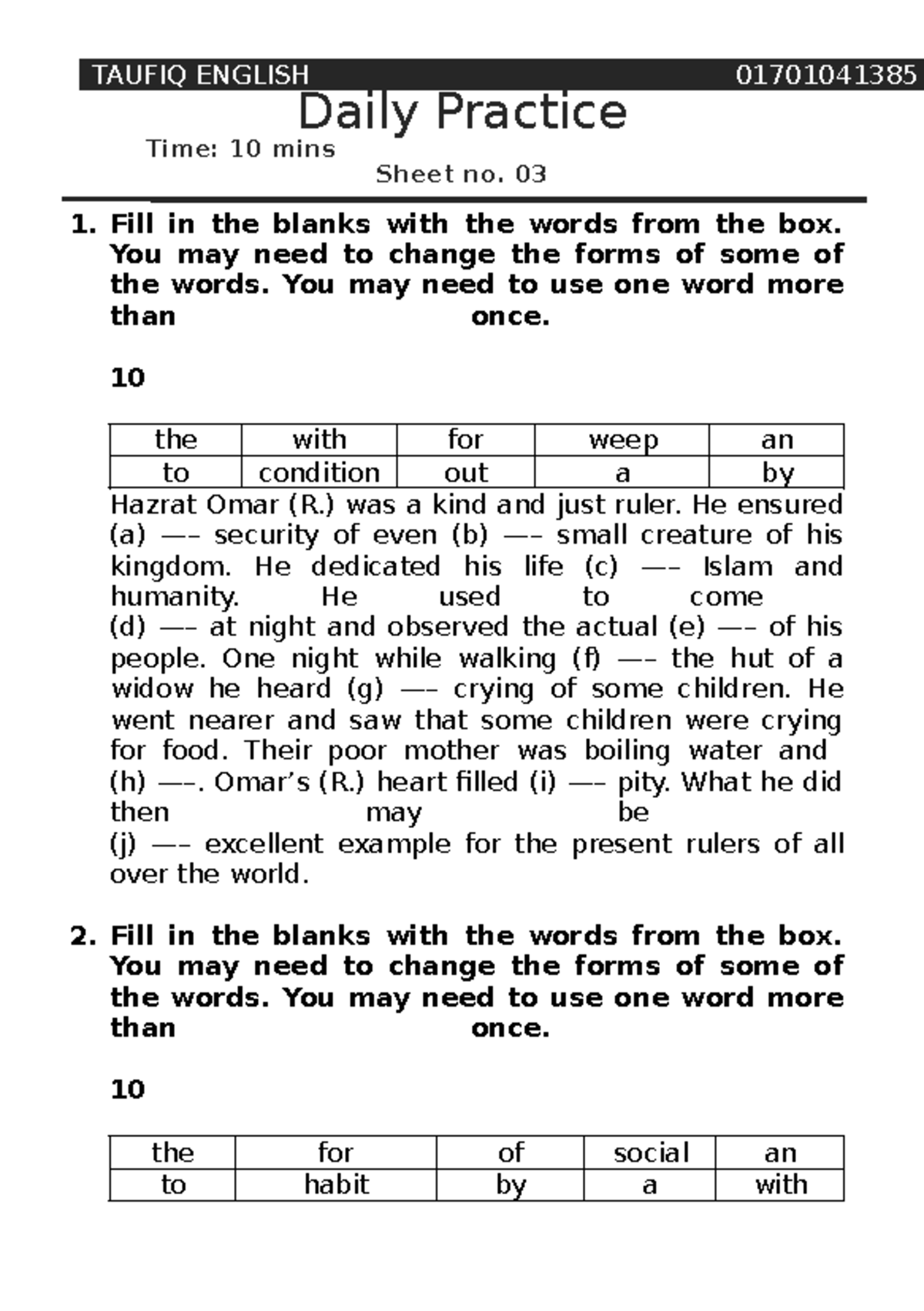 TAUFIQ ENGLISH Daily Practice Sheet 03: Fill in the Blanks Exercise ...