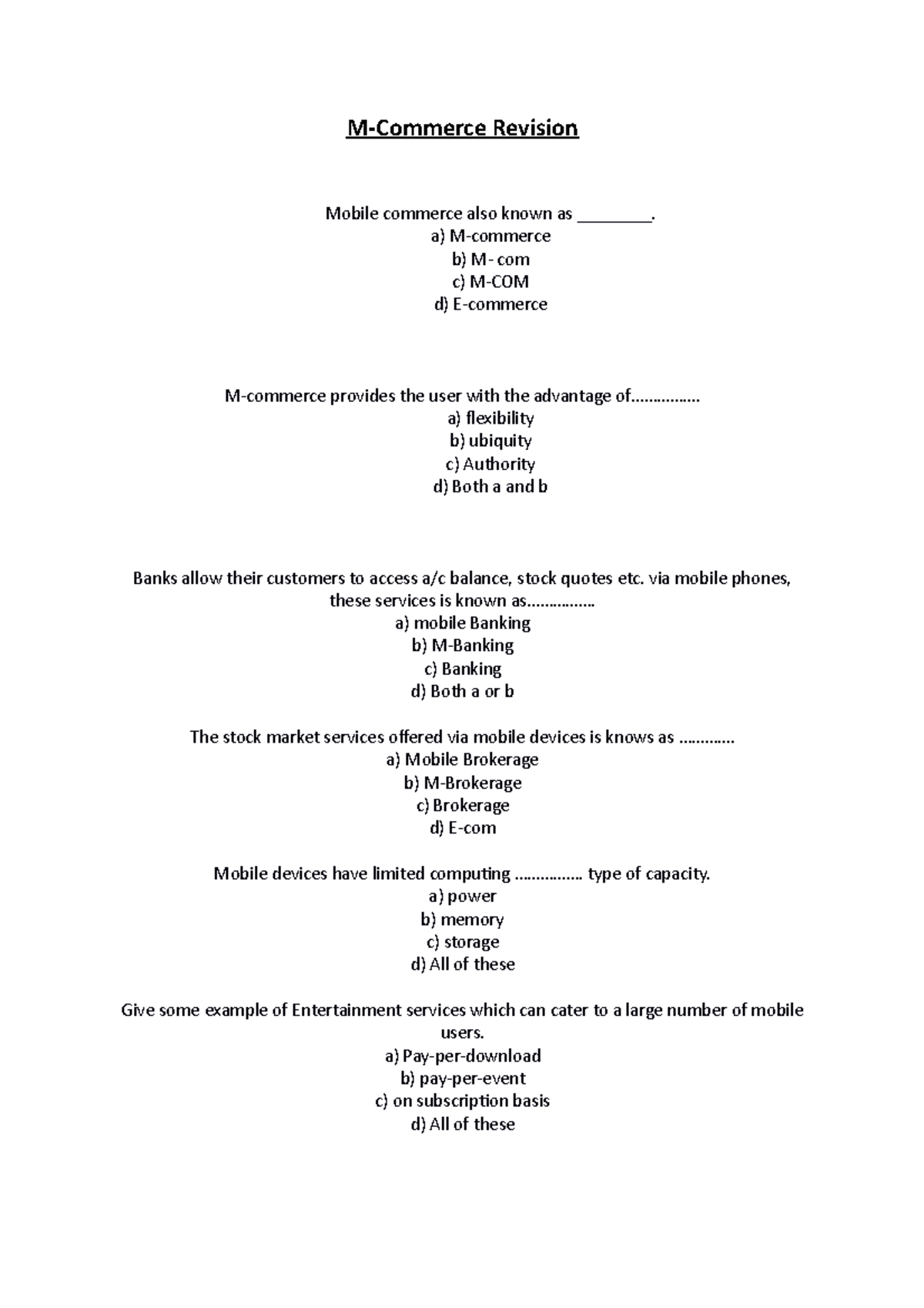 M Commerce MCQs: Mobile Commerce Quiz Questions and Answers - Studocu