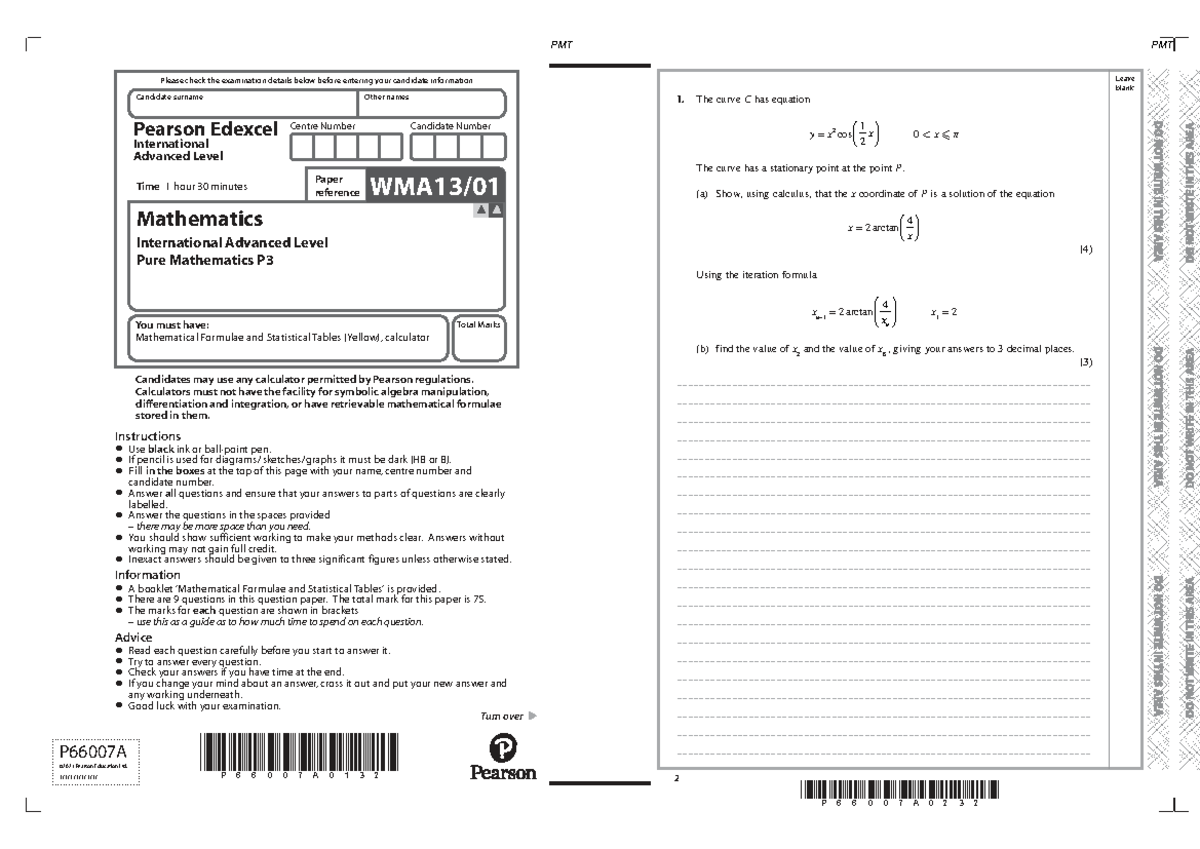 PMT International Advanced Level Pure Mathematics P3 Exam Paper - June ...