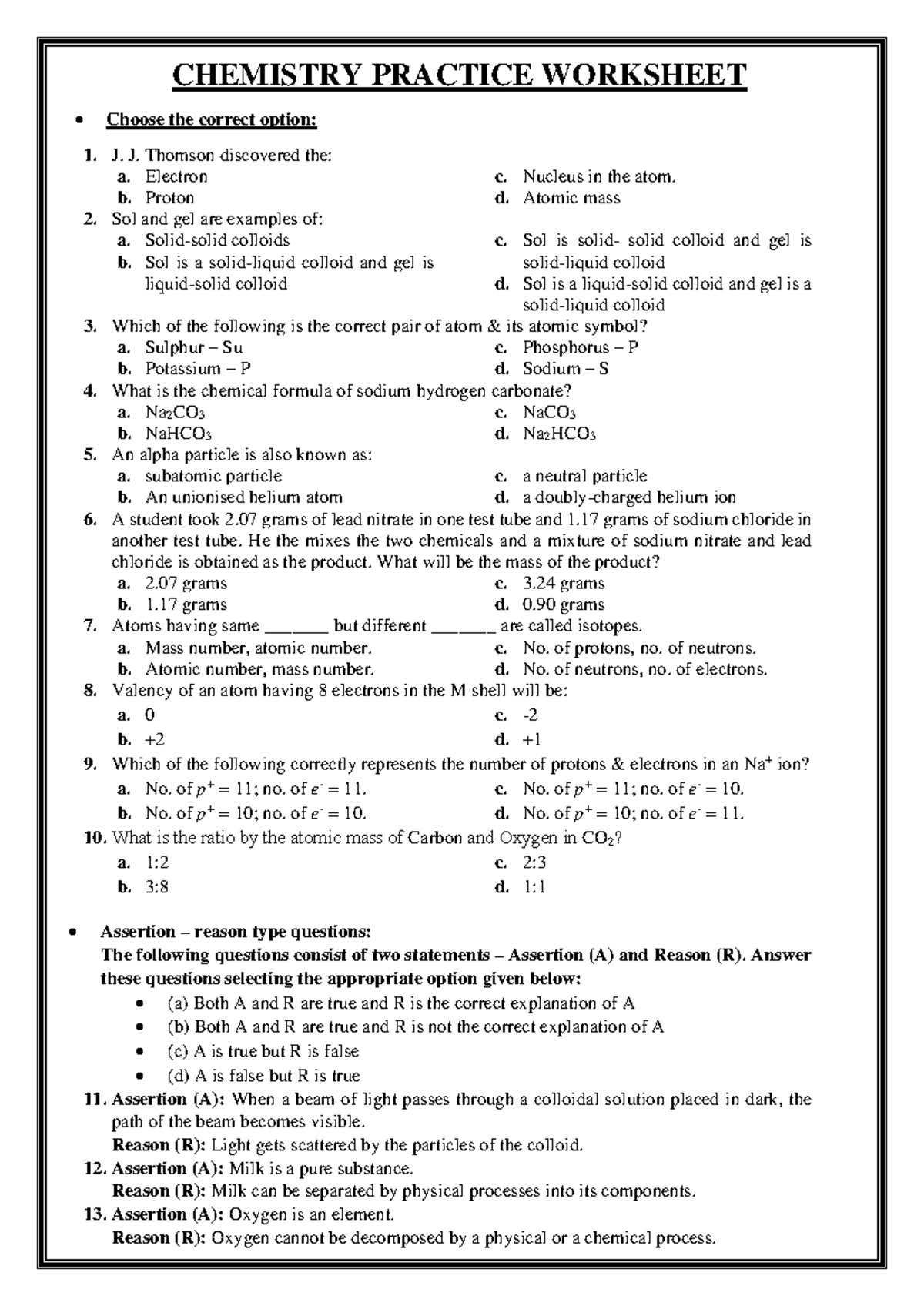 CHEM 101: Chemistry Practice Worksheet with Questions and Answers - Studocu