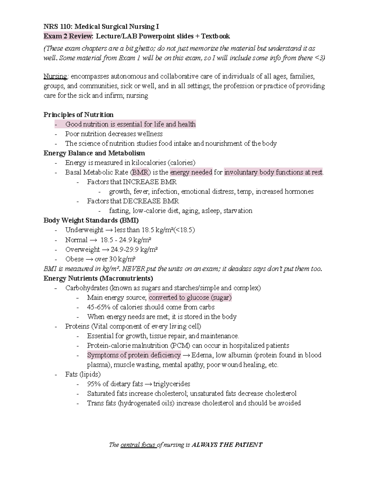 NRS 110: Medical Surgical Nursing I Exam 2 Review Notes - Studocu