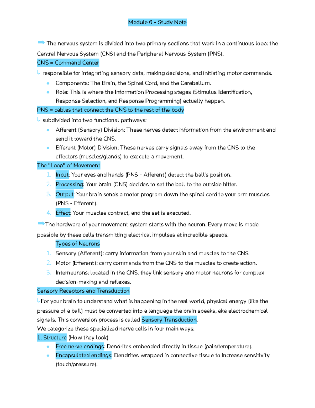 Kin 6: Study Notes on the Nervous System and Motor Control - Studocu