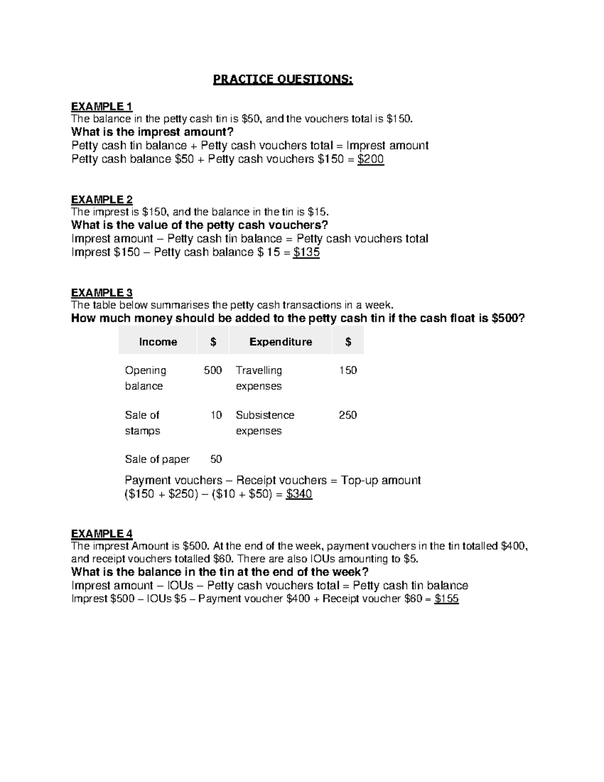 Petty Cash Practice Examples and Calculation Exercises - Studocu