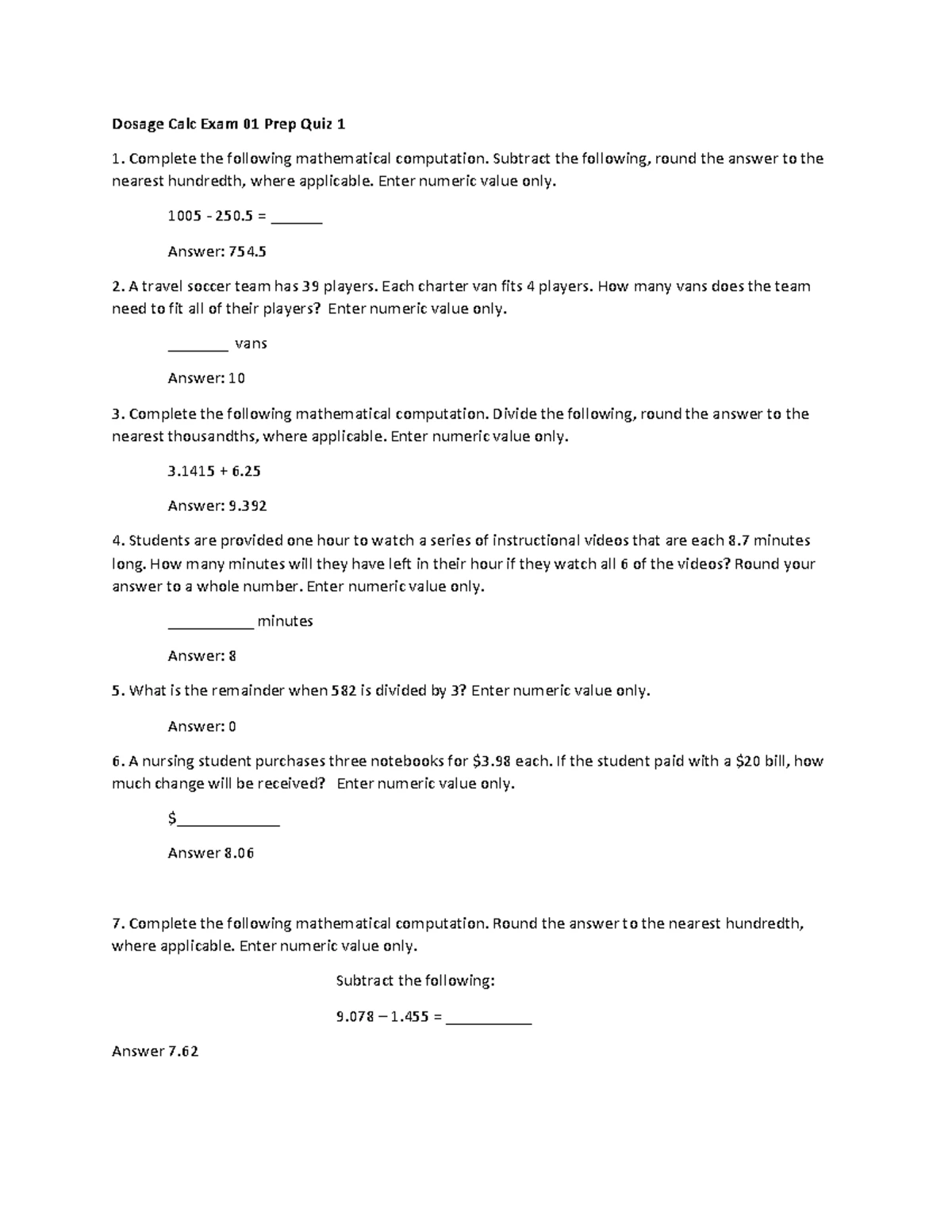 Dosage Calculation Exam 01 Prep Quiz 1 - Dosage Calc Exam 01 Prep Quiz ...