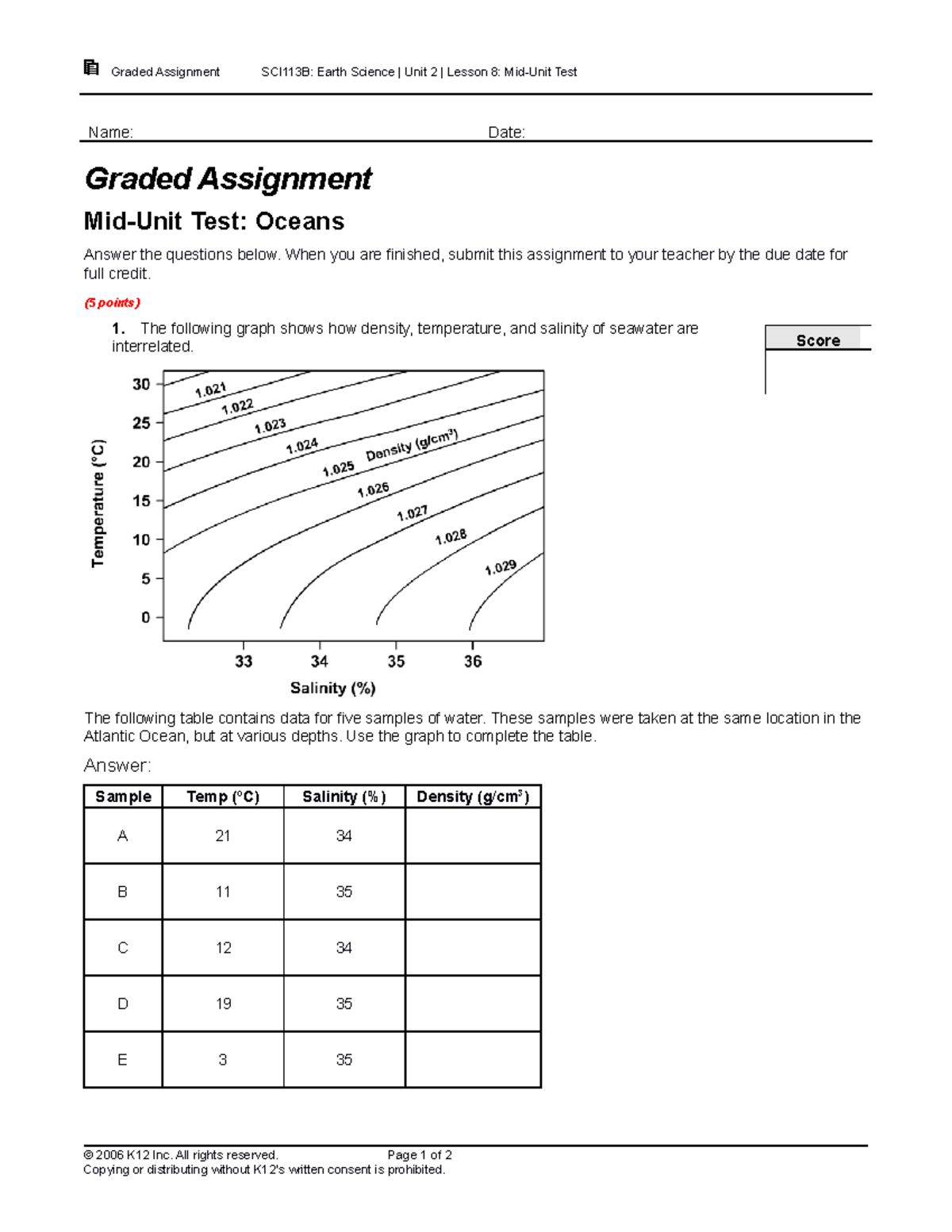 SCI113B Earth Science Unit 2 Lesson 8 Mid Unit Test - Graded