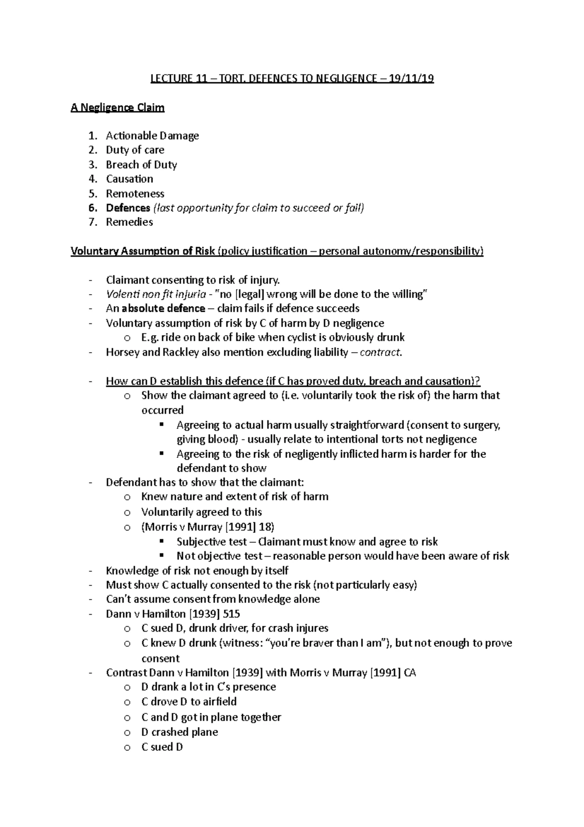 Lecture 12 - Defences Overview and Key Concepts in Tort Law - Studocu