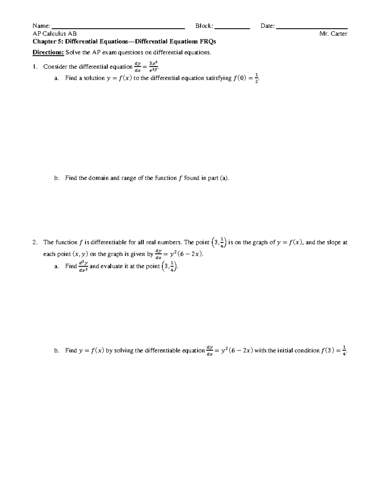Ch5 AP Calculus AB Differential Equations FRQs Solutions - Studocu