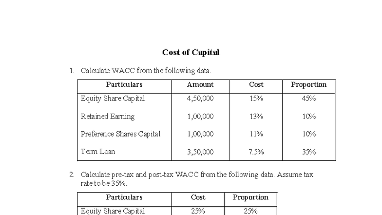 Cost of Capital - Practical Sums for WACC Calculation - Studocu