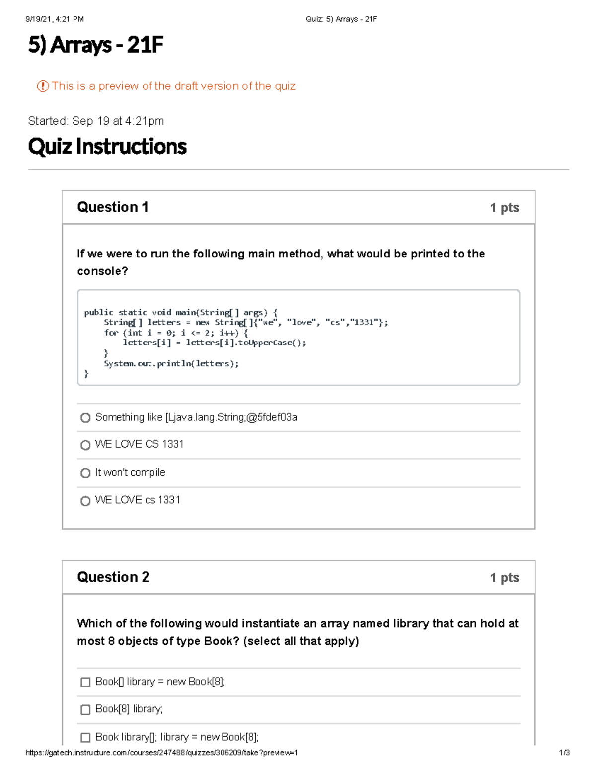 21F Quiz: Arrays - Key Concepts and Sample Questions - Studocu