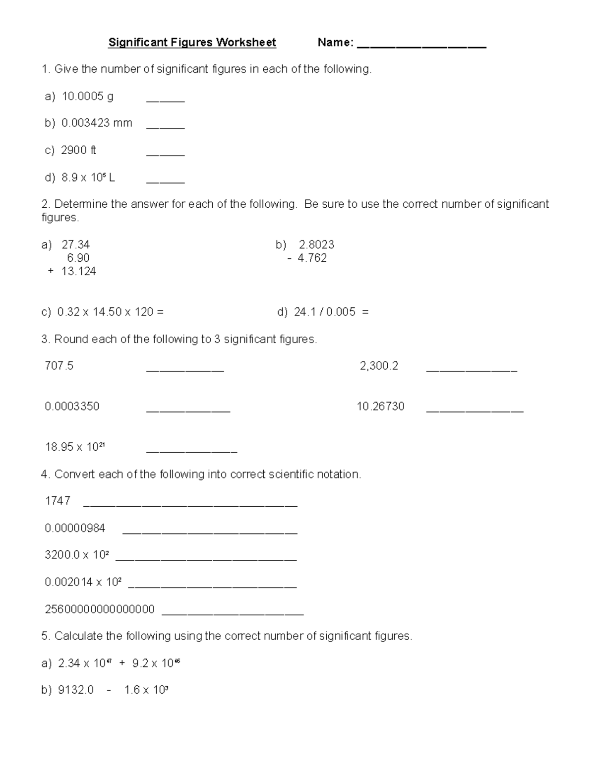 Significant Figures Worksheet (with Answers) - Studocu