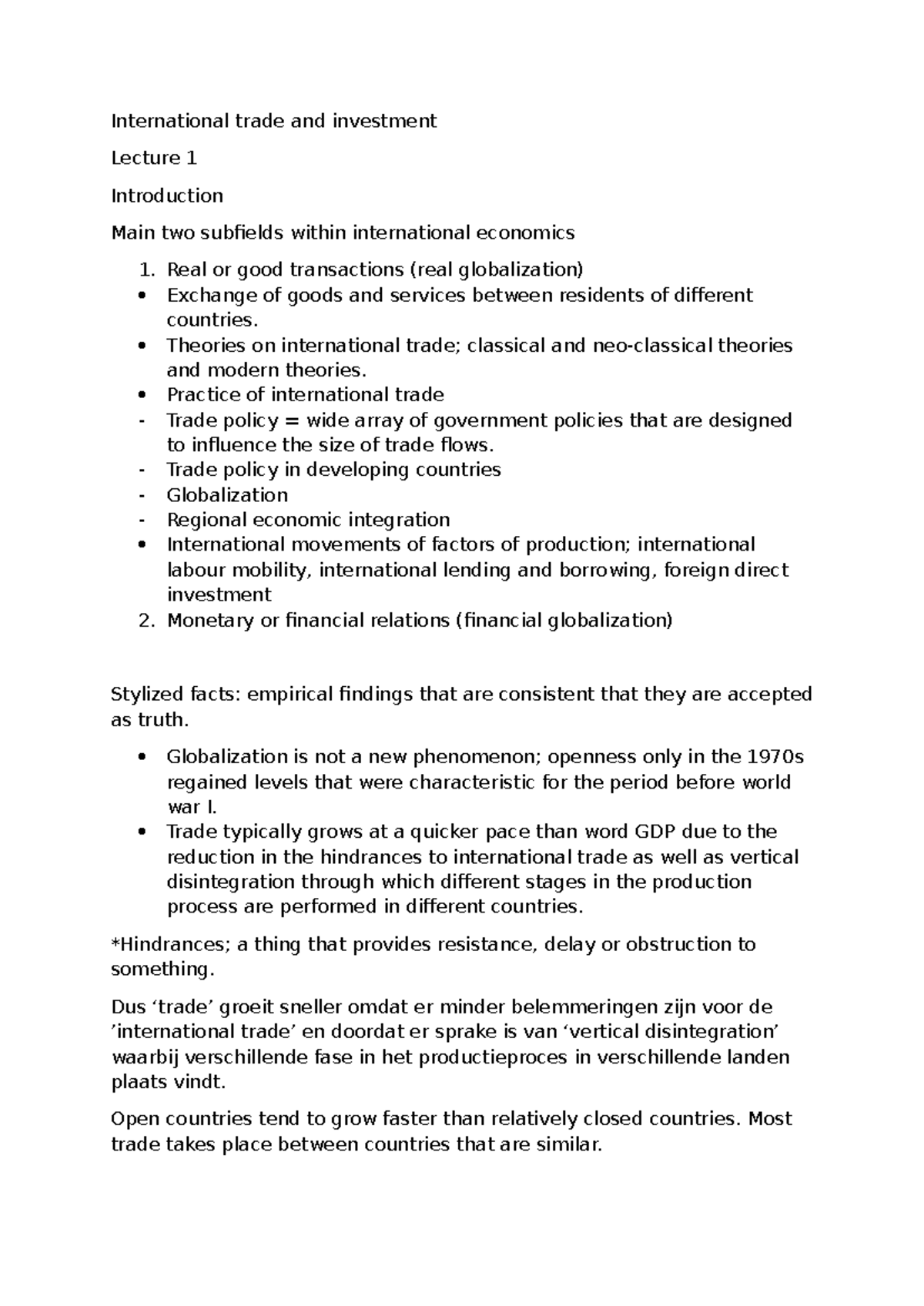 International Trade and Investment: Lecture Notes (Course Code: INT 101 ...