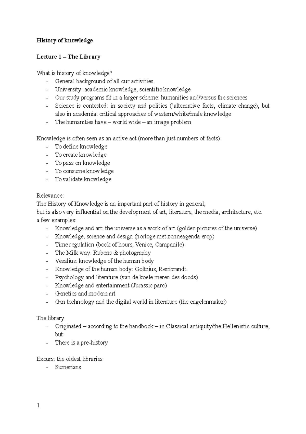 **HIST 101: Lecture Notes on the History of Knowledge** - Studeersnel