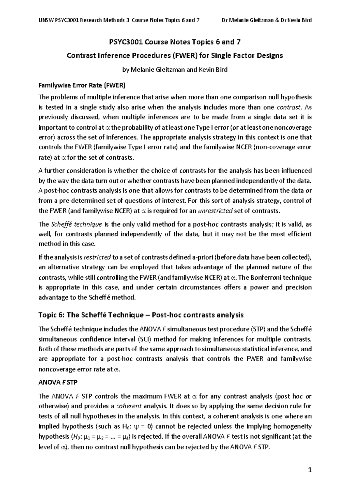 UNSW PSYC3001 Research Methods 3 Course Notes: Topics 6 & 7 on FWER and ...