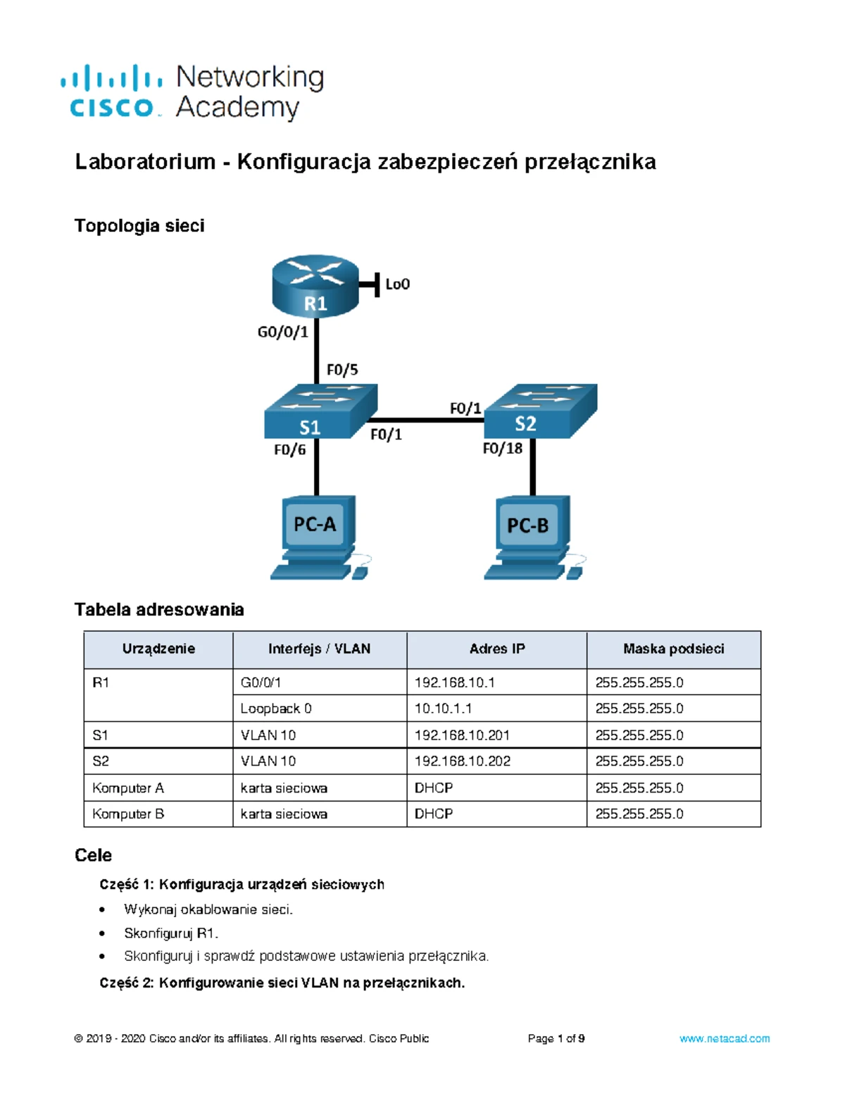11.6.1 Packet Tracer - Konfiguracja Zabezpieczeń Przełącznika - Studocu