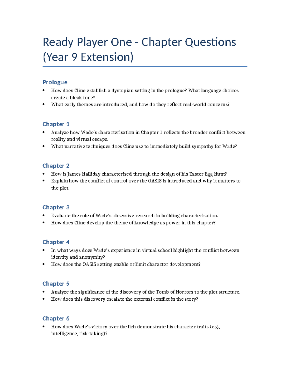 Ready Player One (Year 9 Ext) Full Chapter Questions Analysis - Studocu
