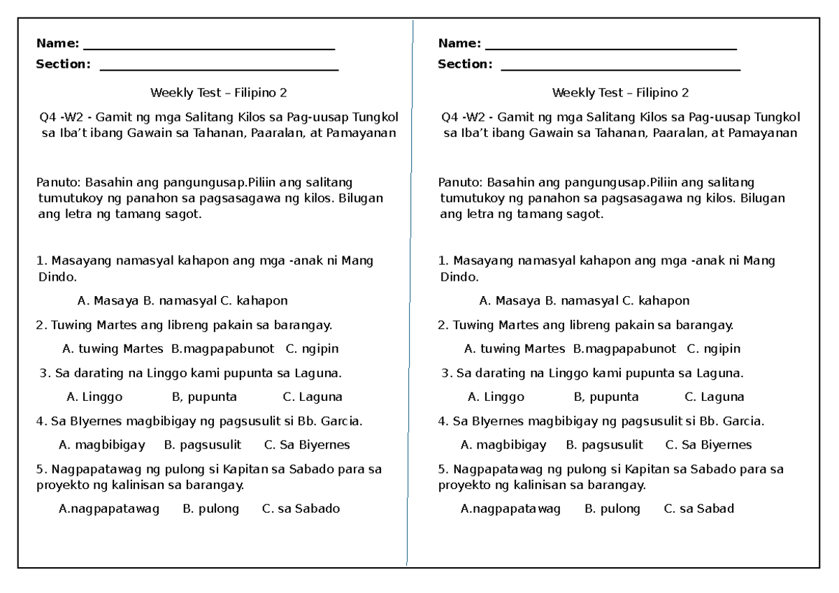Filipino weekly test - Name ...
