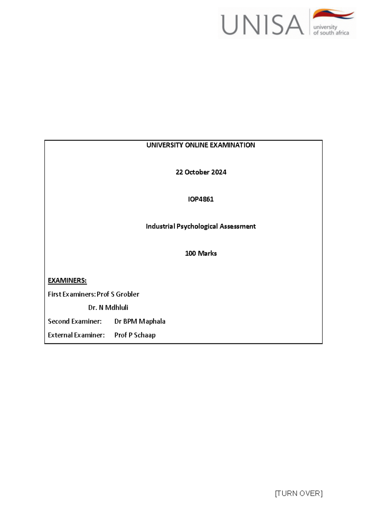 Industrial Psychological Assessment Exam Paper IOP 2024 - Studocu