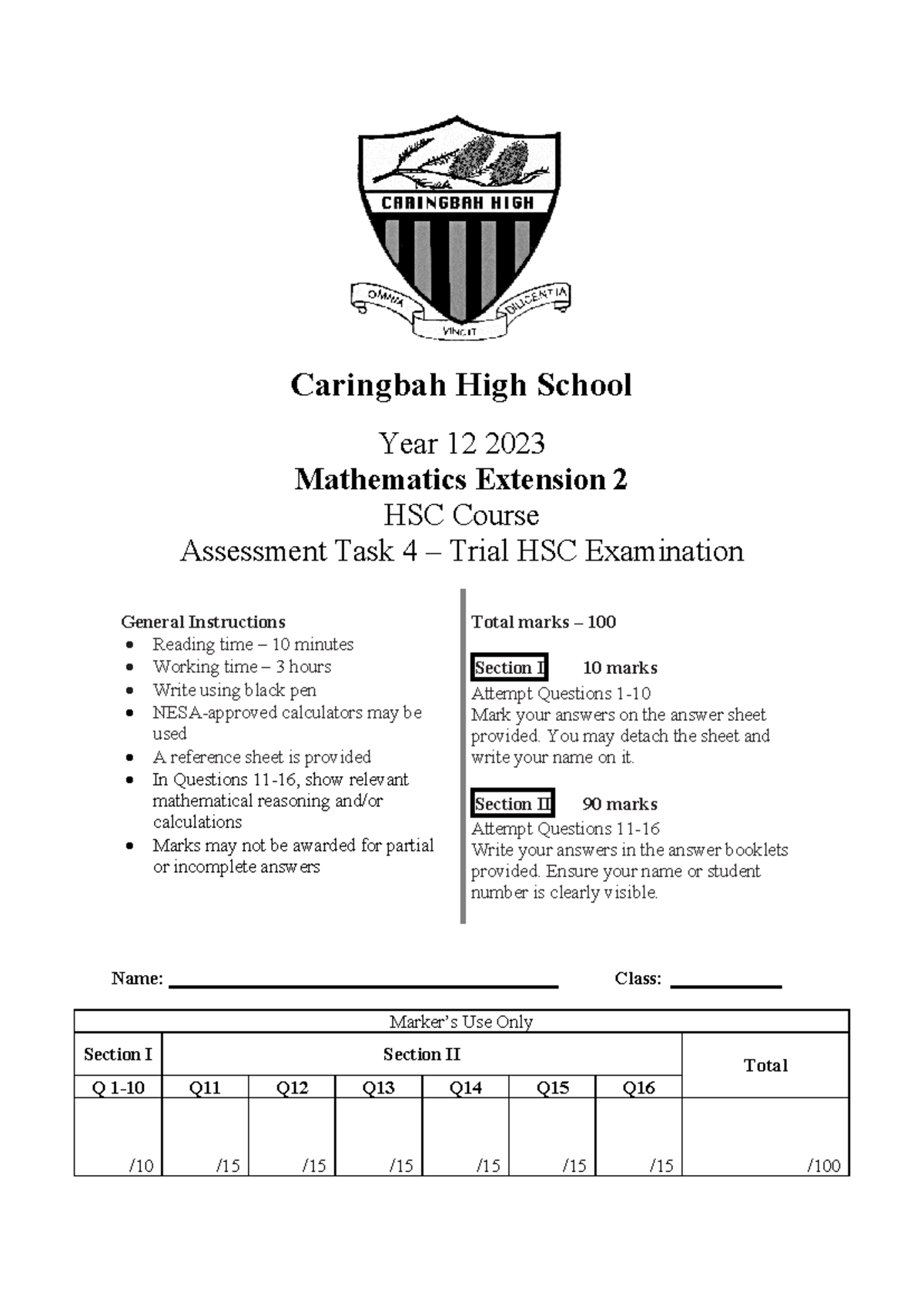 2023 Caringbah High School Year 12 Mathematics EXT2 Trial Exam - Studocu
