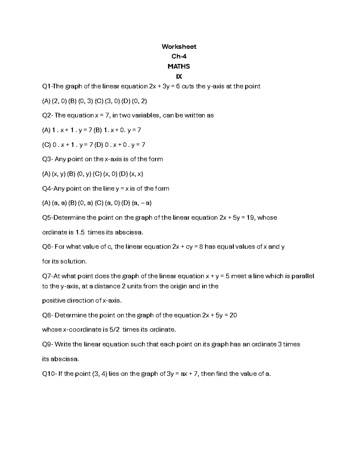 IX Worksheet CH- 4 - Pl. refer to these notes - Worksheet Ch- 4 MATHS ...