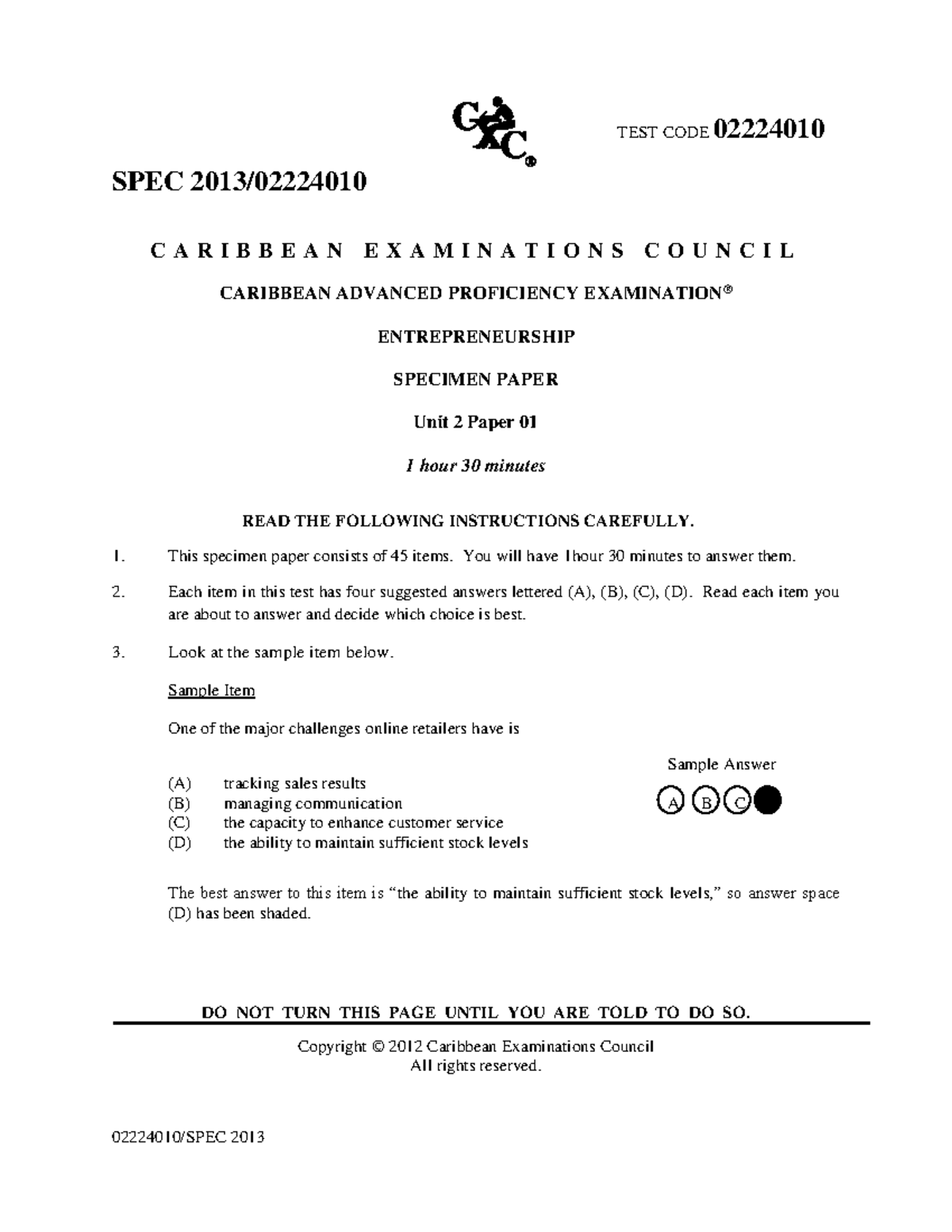 Cape Entrepreneurship Unit 2 Specimen Paper 1 Exam Guide - Studocu