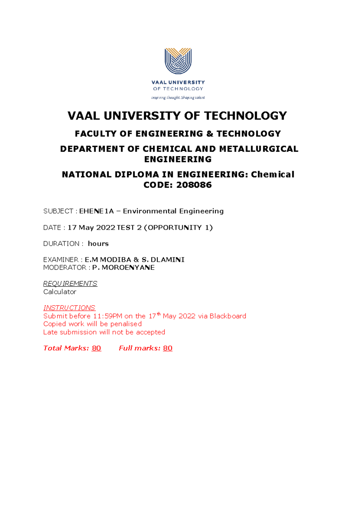Ehene 1A - Environmental Engineering Test 2 Guidelines & Questions ...