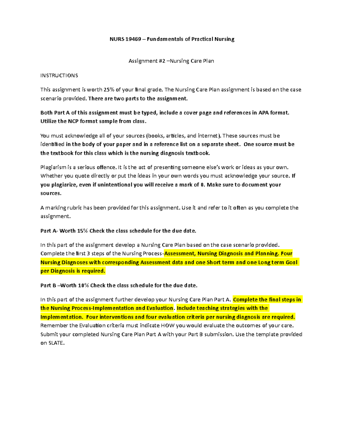 Assignment#2+Nursing+Care+Plan+Instructions+2020 - NURS 19469 ...