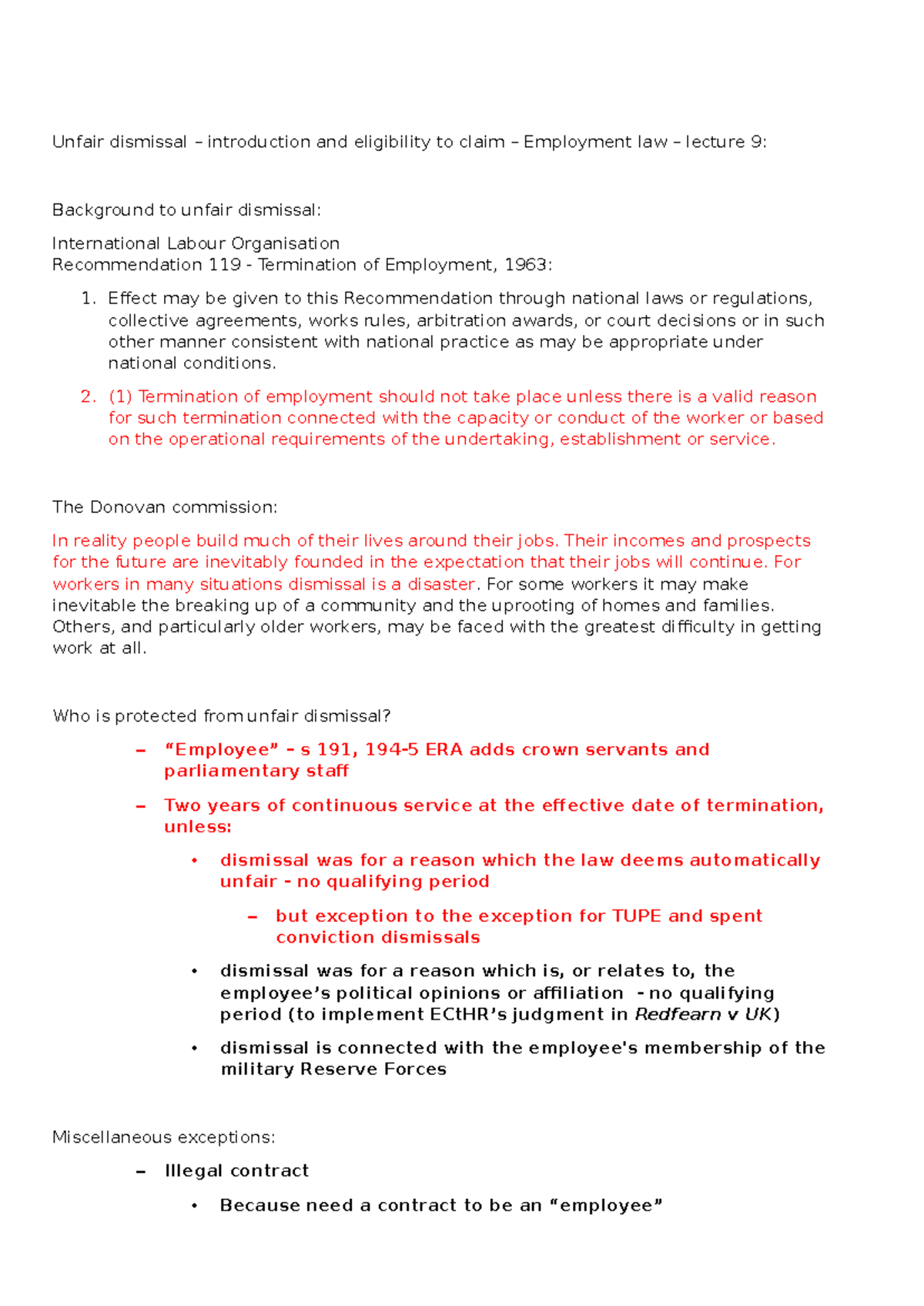 Unfair Dismissal: Employment Law Lecture 9 Notes on Eligibility and ...