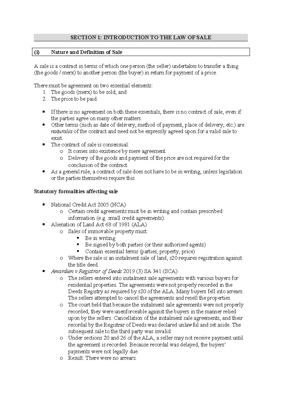 Lecture 1: Introduction to the Law of Sale - Key Concepts and Cases ...