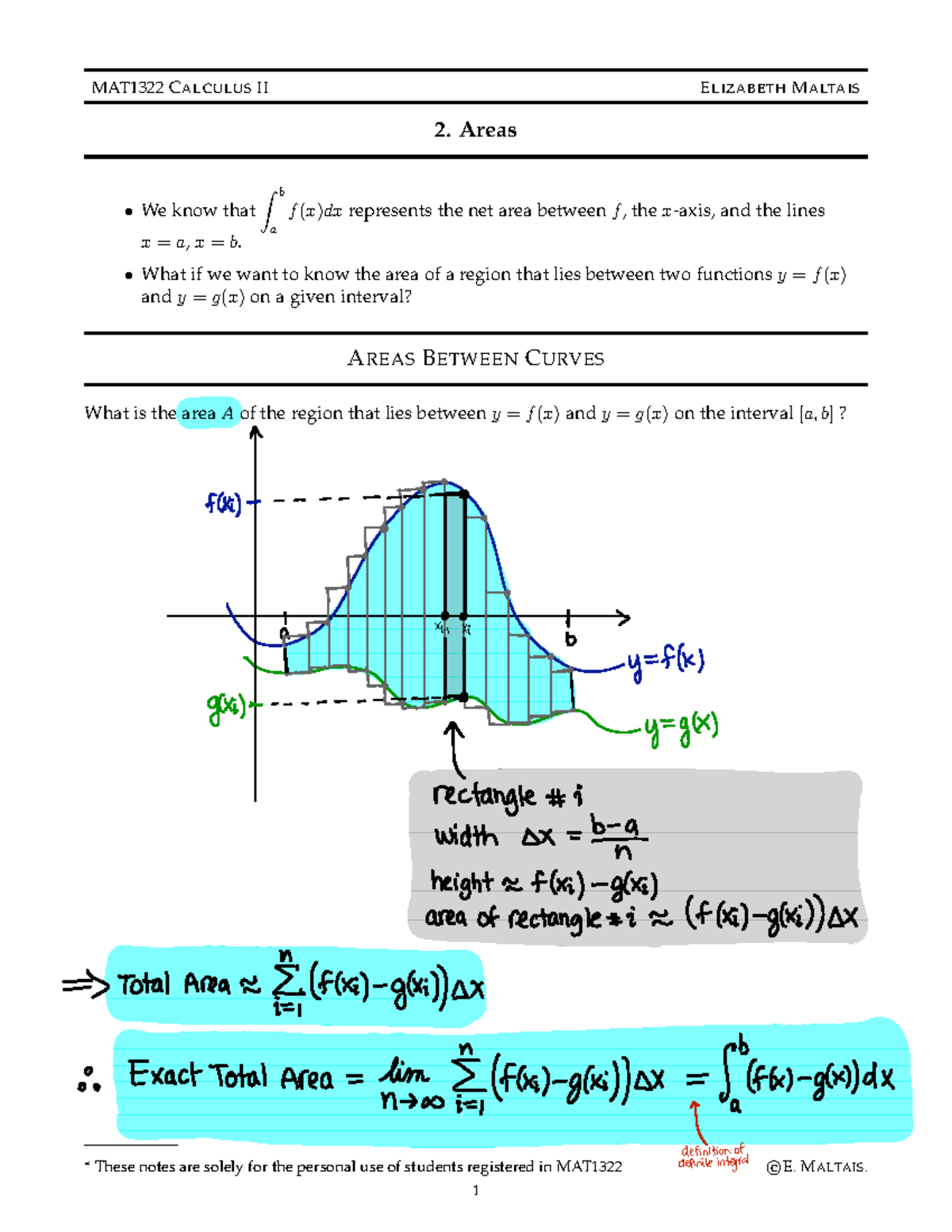 MAT1322 Calculus II Notes: Areas Between Curves Analysis - Studocu