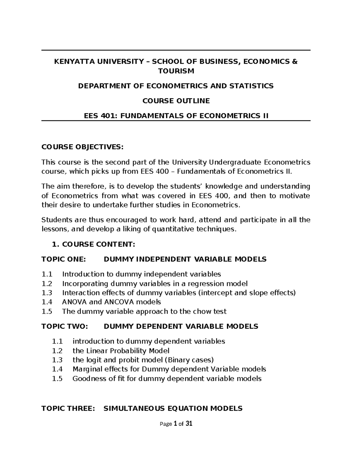 Topic 1: EES 401 - Fundamentals of Econometrics II course outline and ...