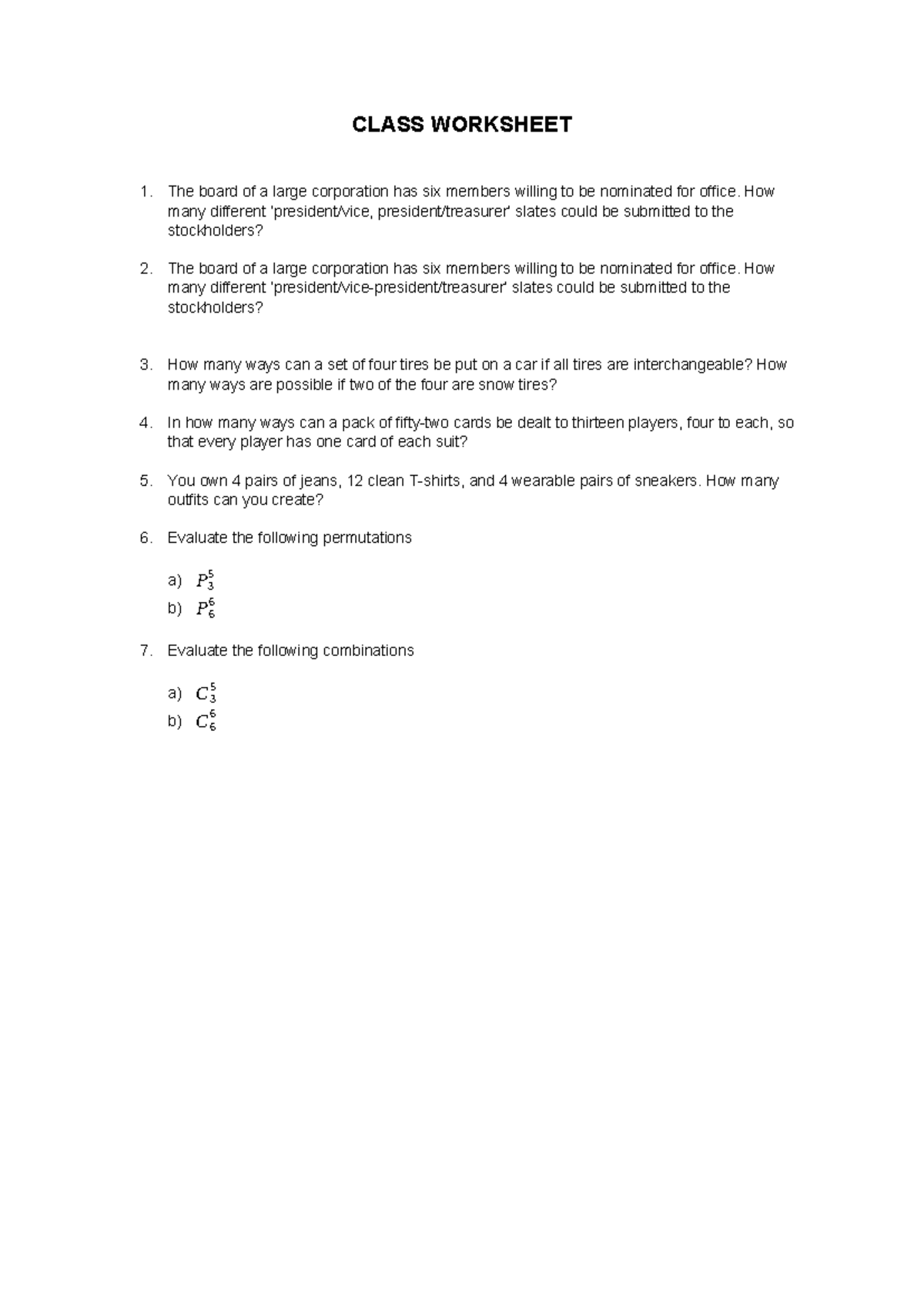 Class Worksheet CH4: Combinations & Permutations Problems - Studocu