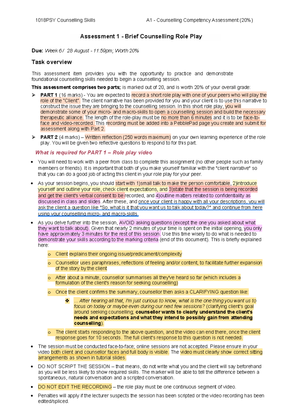 1018PSY A1 Counselling Competency Assessment: Role Play & Reflection ...