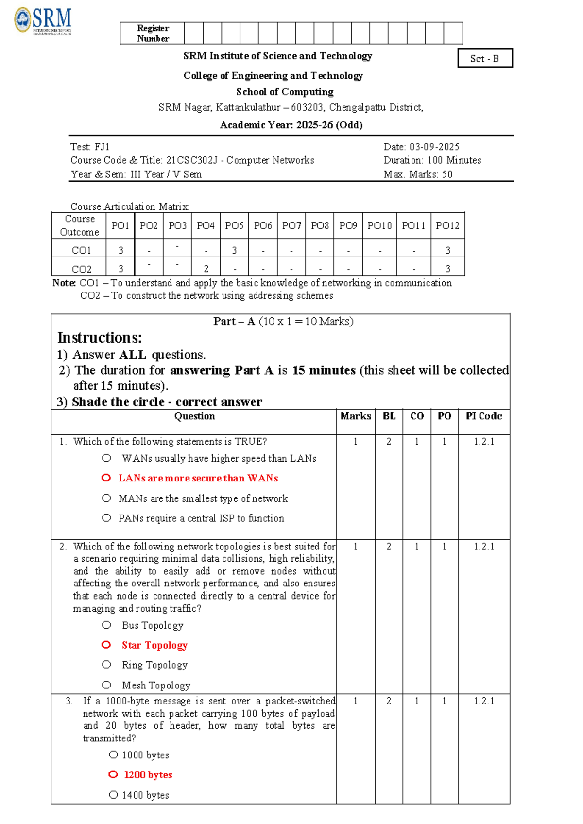 21CSC302J Computer Networks Test FJ1 Set B Answer Key - Studocu