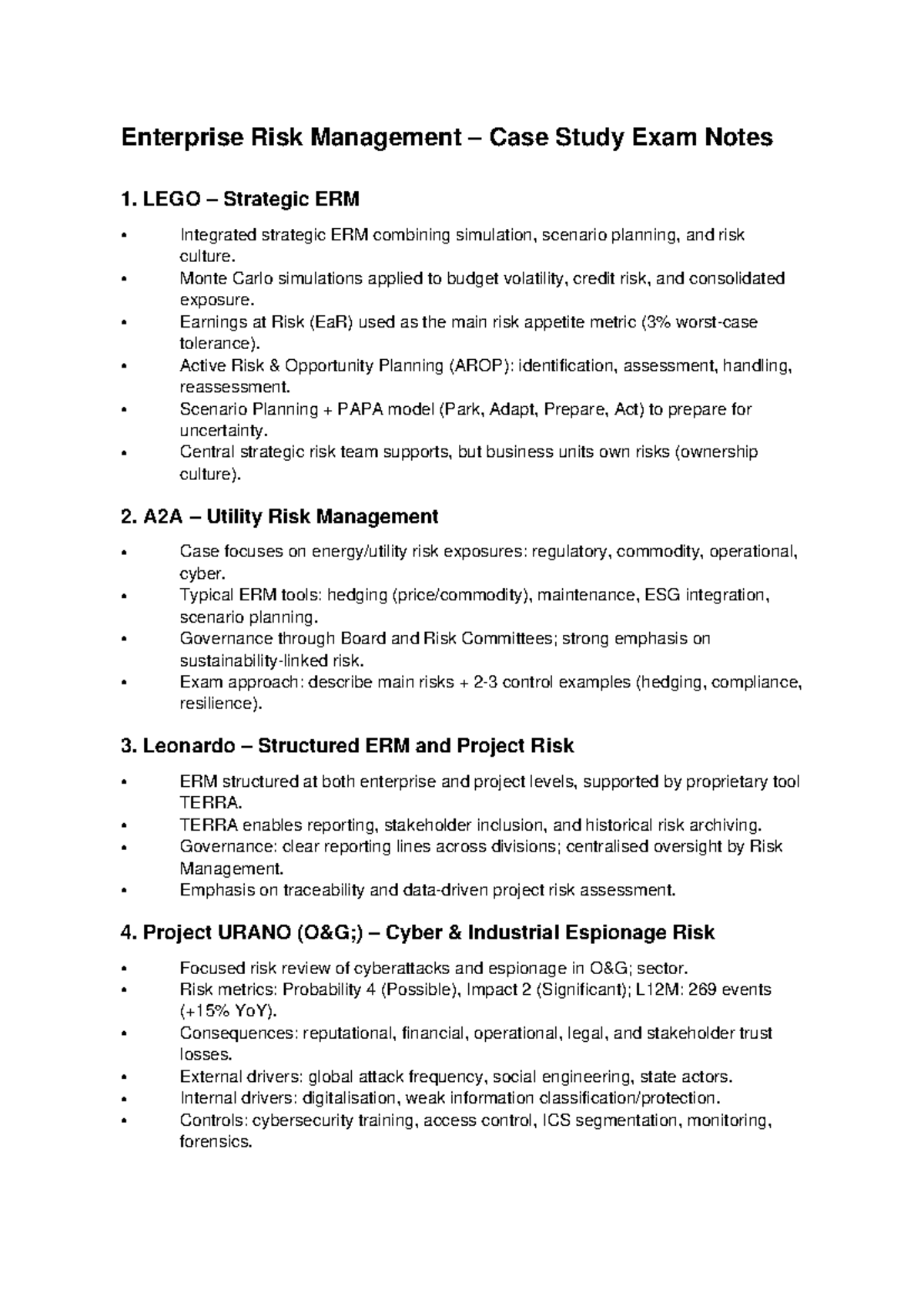 ERM Case Studies Exam Notes: LEGO, A2A, Leonardo, URANO - Studocu
