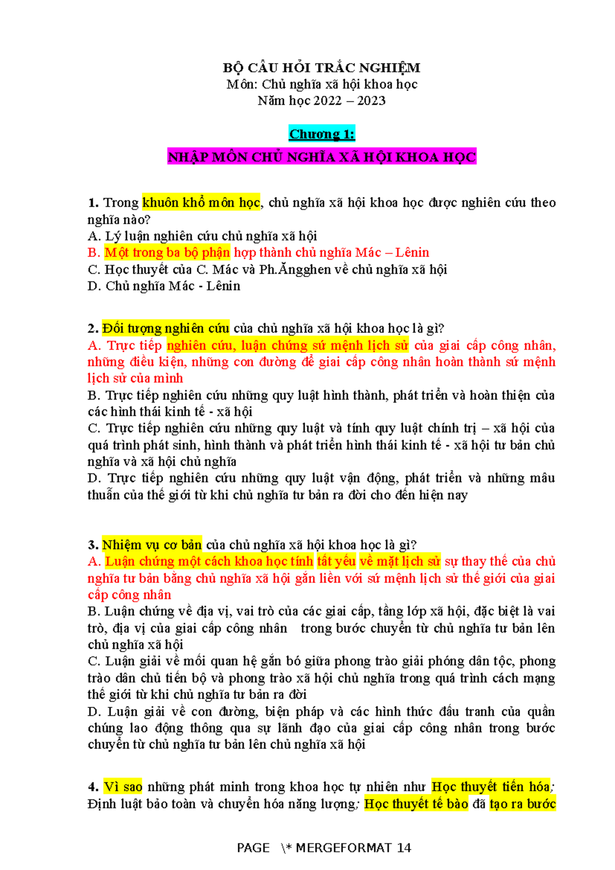 ÔN CNXH - Mon cnxh - BỘ CÂU HỎI TRẮC NGHIỆM Môn: Chủ nghĩa xã hội khoa ...