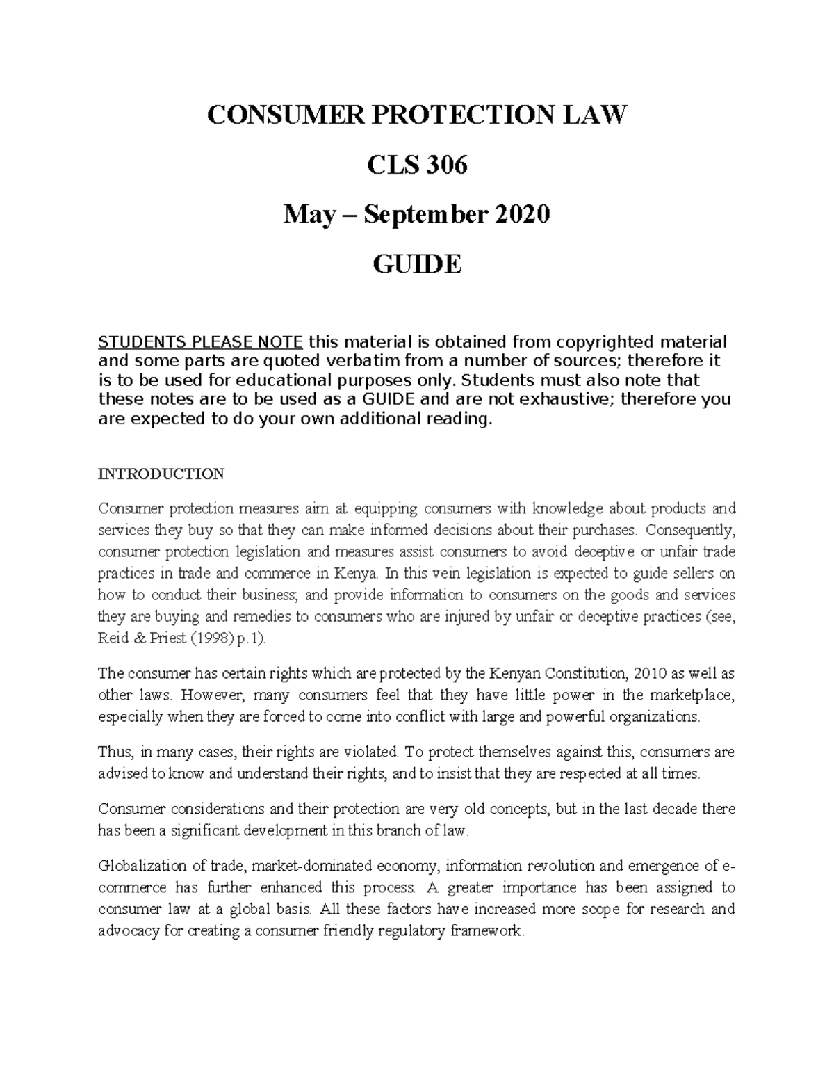CLS 306 Consumer Protection Law Guide: Key Concepts & History - Studocu