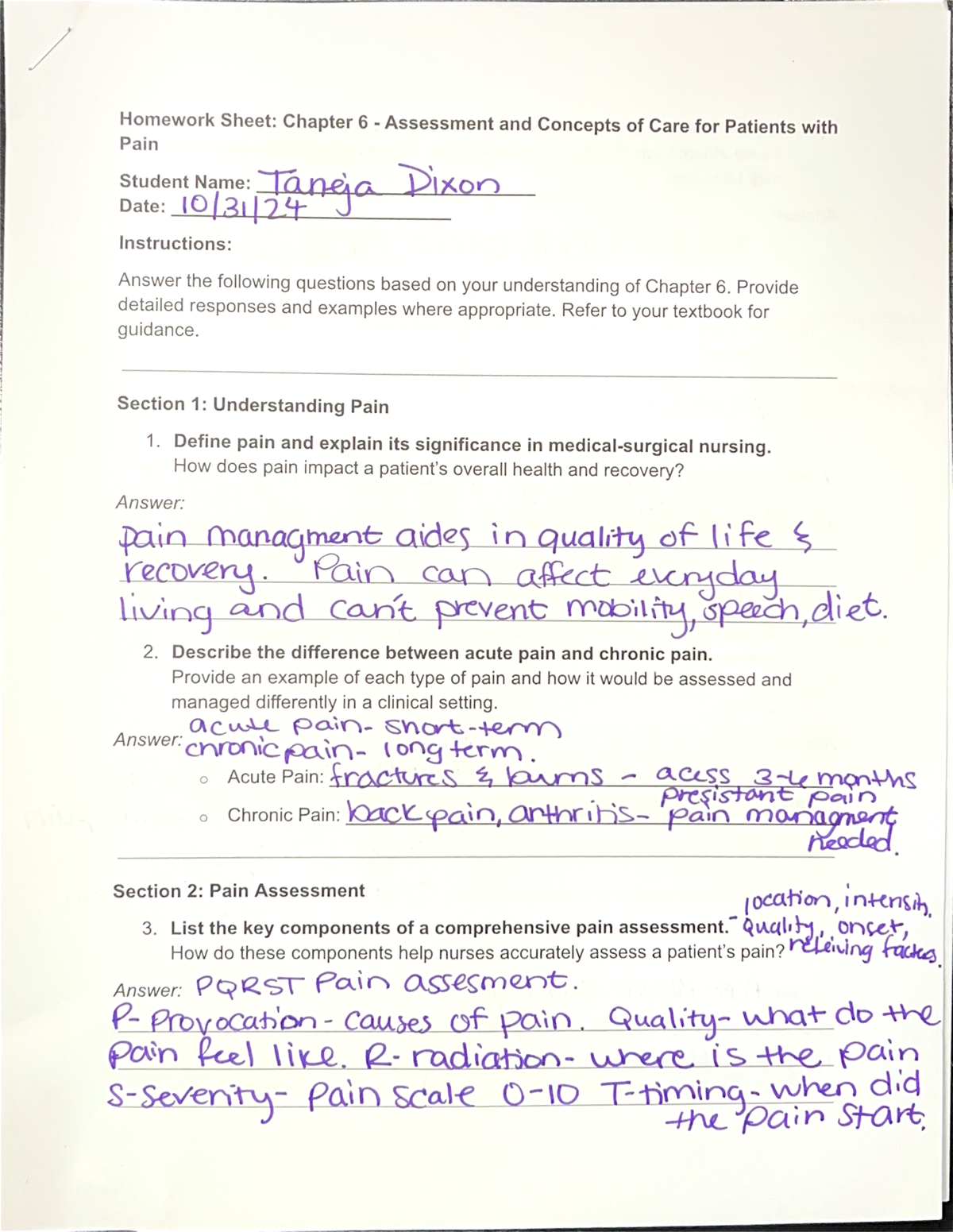 Homework Sheet Chapter 6 - Assessment and Concepts of Care for Patients ...