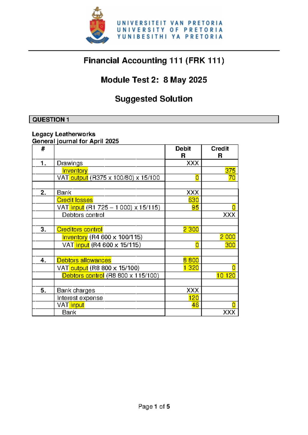 FRK111 - Module Test 2 2025: Suggested Solutions for Accounting - Studocu