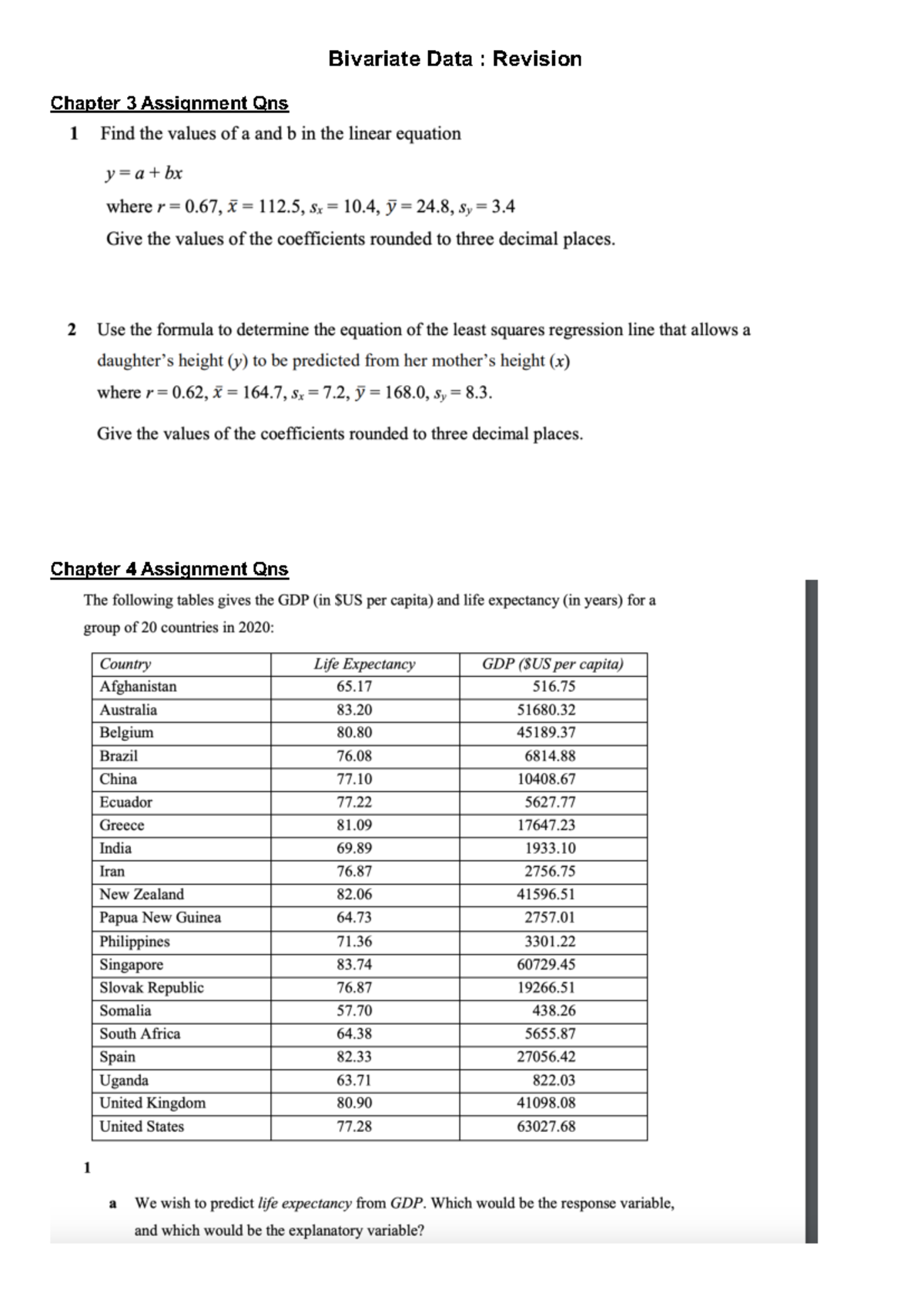 Chapter 3&$ assignment Qs - Bivariate Data : Revision Chapter 3 ...