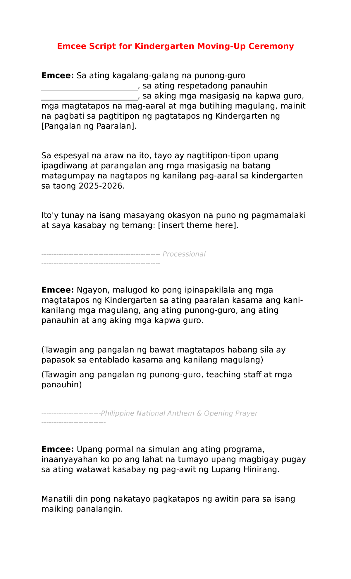Sample Emcee Script for Kindergarten Moving Up Ceremony 2026 - Studocu
