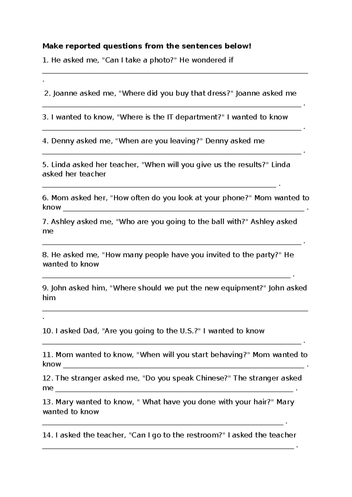 Reported Questions Worksheet: Practice Exercises - Studeersnel