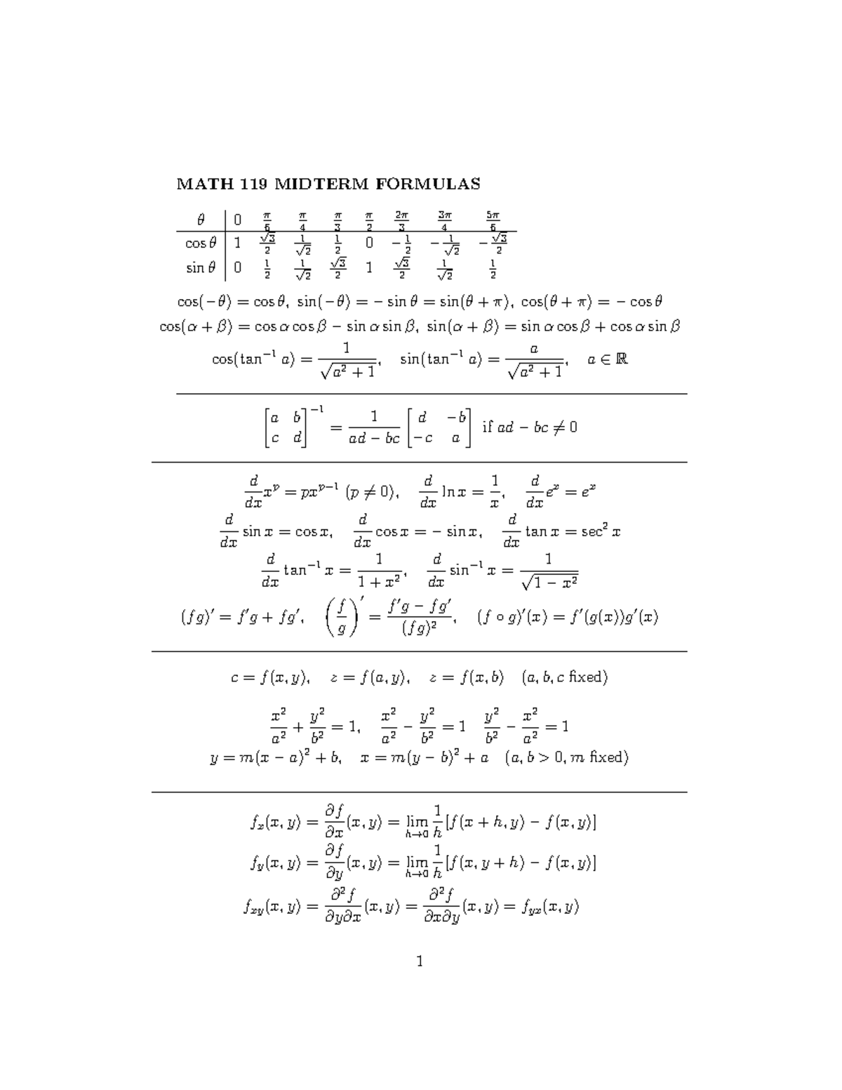 MATH 119 MIDTERM FORMULAS: Essential Concepts and Equations - Studocu