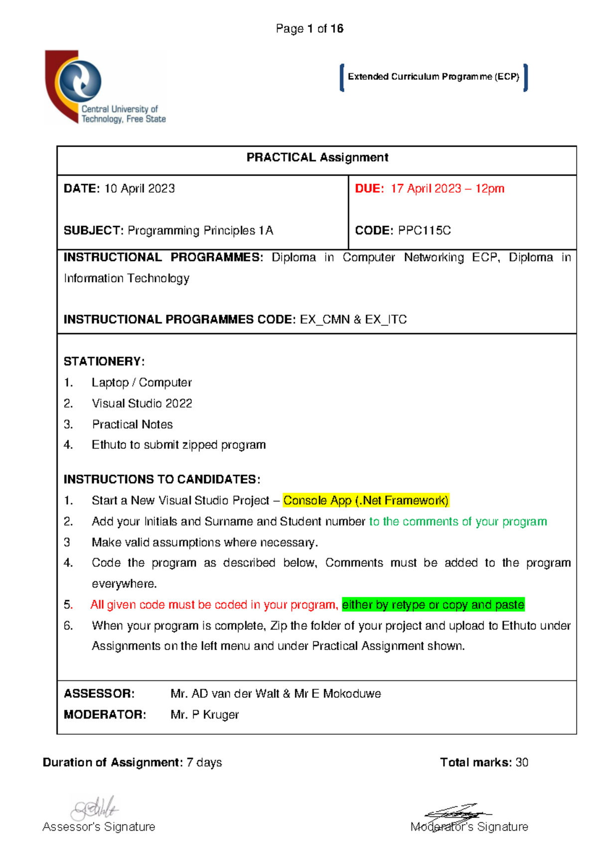 PPC115C Practical Assignment 2023 - Extended Curriculum Programme (ECP ...