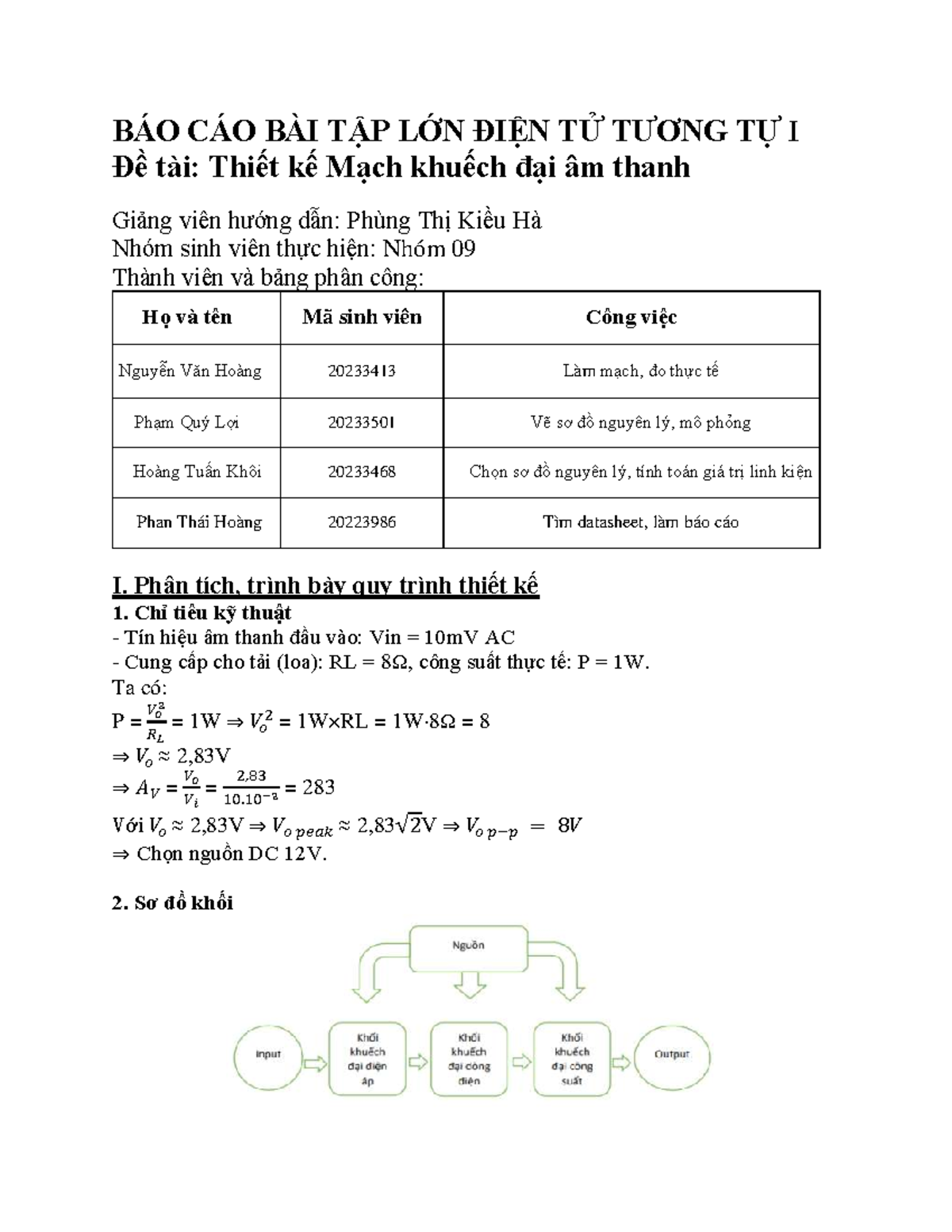 BÁO CÁO BÀI TẬP LỚN ĐIỆN TỬ TƯƠNG TỰ I: Mạch Khuếch Đại Âm Thanh Nhóm 09 - Document Preview