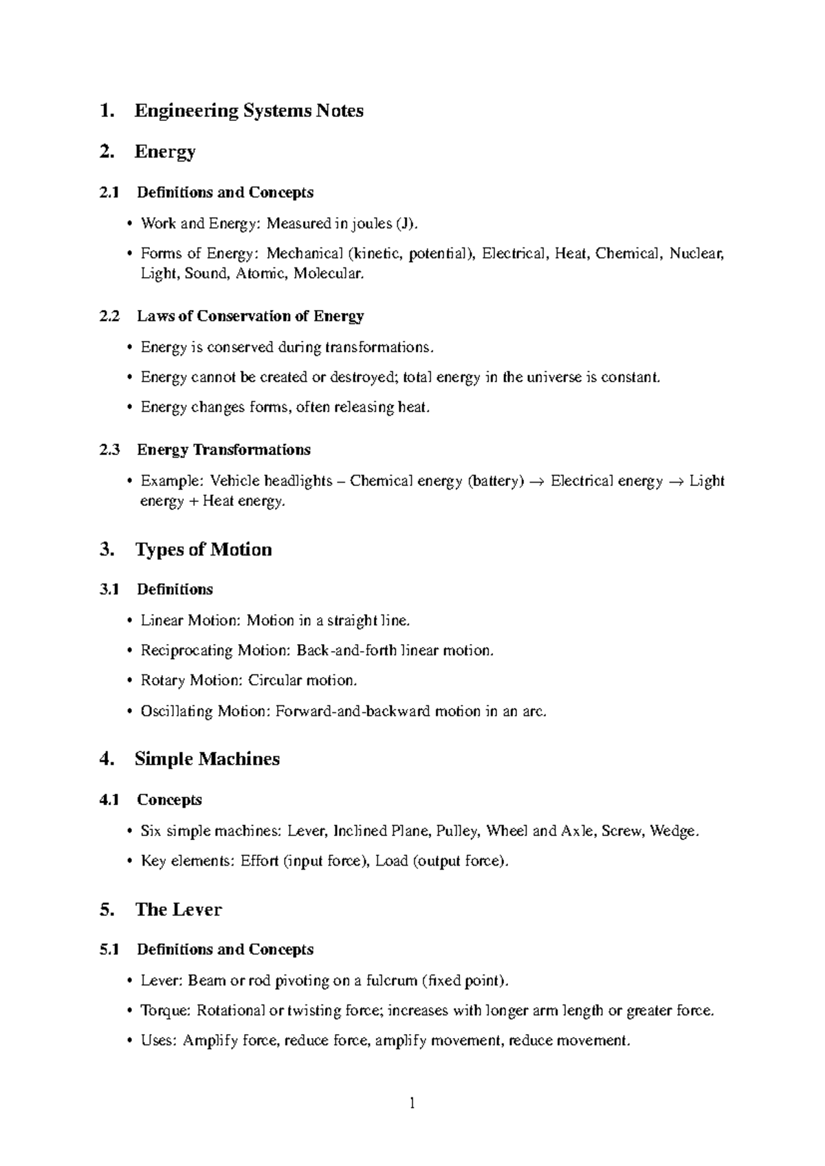 Engineering Systems Notes: Energy, Motion, and Simple Machines - Studocu